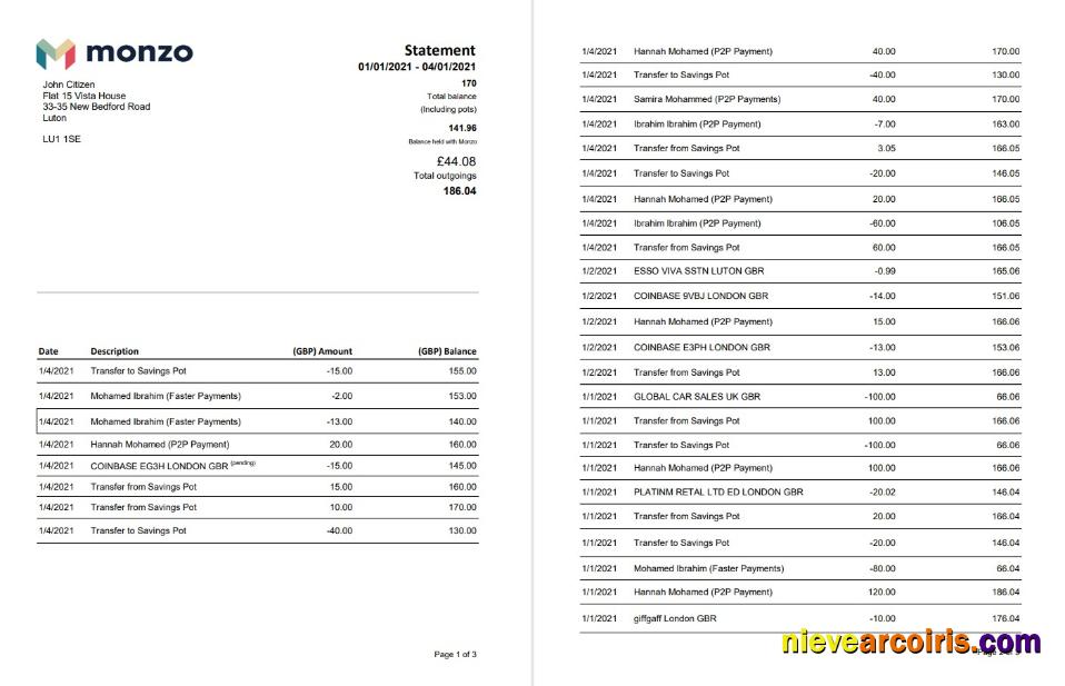 United Kingdom Monzo bank statement in Excel and PDF format (3 pages)